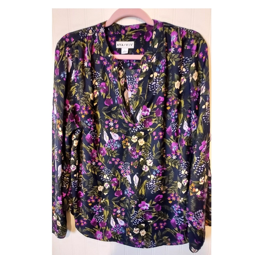 Ava & Viv Floral Blouse Womens X Black Purple Split V-Neck Long Sleeve Rayon